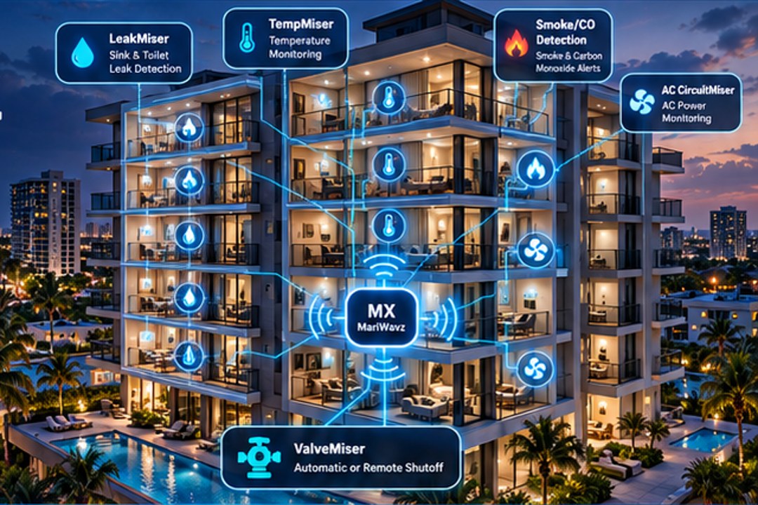 Illustration of a multi-unit condo building linked through glowing radio sensor connections